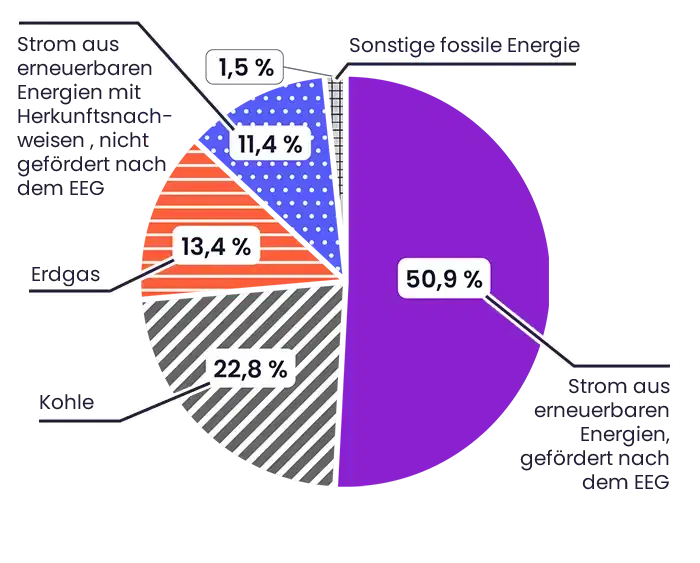 Kreisdiagramm, was den Energieträgermix des Bundes 2024 darstellt. 5 Segmente: 50,9 % Strom aus erneuerbaren Energien, gefördert nach dem EEG, 22,8 % Kohle, 13,4 % Erdgas, 11,4 % Strom aus erneuerbaren Energien mit Herkunftsnachweisen, nicht gefördert nach dem EEG, 1,5 % Sonstige fossile Energie.