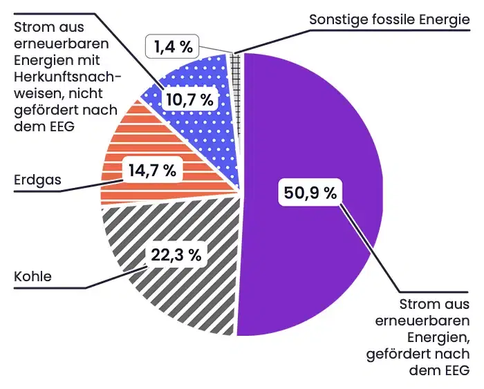 Kreisdiagramm, was den Energieträgermix des Bundes 2025 darstellt. 5 Segmente: 50,9 % Strom aus erneuerbaren Energien, gefördert nach dem EEG, 22,3 % Kohle, 14,7 % Erdgas, 10,7 % Strom aus erneuerbaren Energien mit Herkunftsnachweisen, nicht gefördert nach dem EEG, 1,4 % Sonstige fossile Energie.