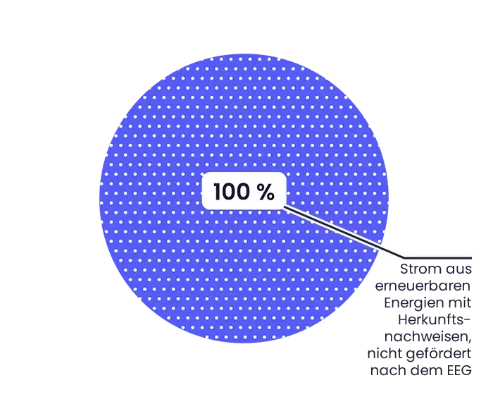 Kreisdiagramm, das den Gesamtenergieträgermix der Yippie 2024 darstellt. Ein Segment: 100 % Strom aus erneuerbaren Energien mit Herkunftsnachweisen, nicht gefördert nach dem EEG