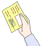 Die Abbildung zeigt eine Hand, die einen gelben Zettel hält. Der Zettel ist unterschrieben, er bestätigt etwas.