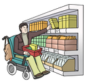 Eine Person sitzt in einem Rollstuhl. Sie ist in einem Geschäft und holt ein Produkt aus dem Regal.