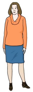 Die Abbildung zeigt eine Frau. Die hat braunes, schulterlanges Haar und trägt einen orangenen Pullover, einen blauen, knielangen Rock und schwarze Schuhe.
