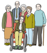 Die Abbildung zeigt sechs verschiedene Menschen. Fünf Menschen stehen, ein Mensch sitzt im Rollstuhl. Eine Person hält einen Gehstock. Die Menschen haben graue Haare, einige tragen eine Brille. Die Abbildung zeigt eine Gruppe älterer Menschen.