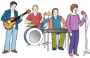 Die Abbildung zeigt eine Musikgruppe. Drei Personen spielen Instrumente und eine Person singt in ein Mikrophon.