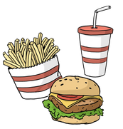 Die Abbildung zeigt Essen und Trinken: Einen Burger, eine Portion Pommes und ein Getränk in einem Becher mit Strohhalm.