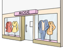Die Abbildung zeigt ein Geschäft für Mode. im Schaufenster stehen Figuren mit Kleidung.