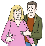 Die Abbildung zeigt, wie ein Mann eine Frau sexuell belästigt. Der greift ihr an die Brust.