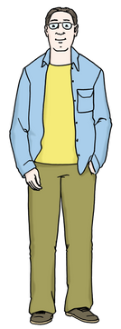 Die Abbildung zeigt einen Mann. Er hat schwarze, kurze haare, trägt eine Brille, ein gelbes Shirt und darüber ein blaues Hemd, eine grüne Hose und grüne Schuhe.