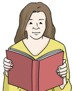 Die Abbildung zeigt eine lesende Frau. Vor ihrem Oberkörper hält sie ein Buch mit rotem Einband. Sie hat braunes, langes Haar und trägt ein gelbes Shirt.
