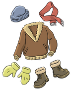 Die Abbildung zeigt verschiedene Kleidungsstücke für den Winter, zum Beispiel eine Jacke, eine Mütze, einen Schal, Handschuhe und Schuhe.
