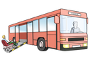 Ein roter Bus. Auf der linken Seite fährt eine Person in einem Rollstuhl eine Rampe hinauf, um in den Bus zu kommen.