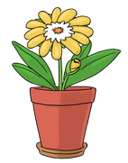 Die Abbildung zeigt eine gelbe Blume mit grünen Blättern in einem braunen Topf.