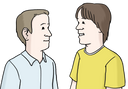 Die Abbildung zeigt zwei Personen, die miteinander reden. Die linke Person trägt ein hellblaues Hemd und hat hellbraune, kurze Haare. Die rechte Person trägt ein gelbes T-Shirt und hat braunes, kurzes Haar.