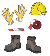 Die Abbildung zeigt verschiedene Dinge, die ein Bauarbeiter oder eine Bauarbeiterin braucht: Gelde Arbeitshandschuhe, einen gelben Schutzhelm, ein weiß-rotes Absperrband, Arbeitsschuhe.
