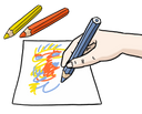 Die Abbildung zeigt eine Hand, die einen blauen Buntstift hält und damit auf ein Blatt Papier malt. Über dem Blatt liegen ein roter und ein gelber Stift.