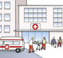 Die Abbildung zeigt ein Krankenhaus. Ein Krankenwagen ist angekommen, Sanitäter kümmern sich um eine Person auf einer Trage.