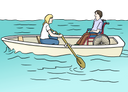 Zwei Personen sitzen in einem Boot auf dem Wasser. Eine Person sitzt in einem Rollstuhl, die andere Person rudert das Boot.