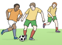 Die Abbildung zeigt drei Menschen, die miteinander auf einer grünen Wiese Fußball spielen.
