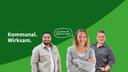 Drei junge Menschen stehen nebeneinander, links davon Text kommunal wirksam, Sprechblase Wir halten die Stadt am Laufen