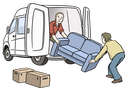 Die Abbildung zeigt einen Umzug. Zwei Personen heben ein blaues Sofa aus einem weißen, großen Transporter. Davor stehen zwei Umzugskisten.
